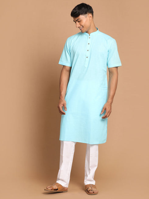 Vastramay Men's Aqua Blue Solid Kurta with White Pant style Cotton Pyjama Set
